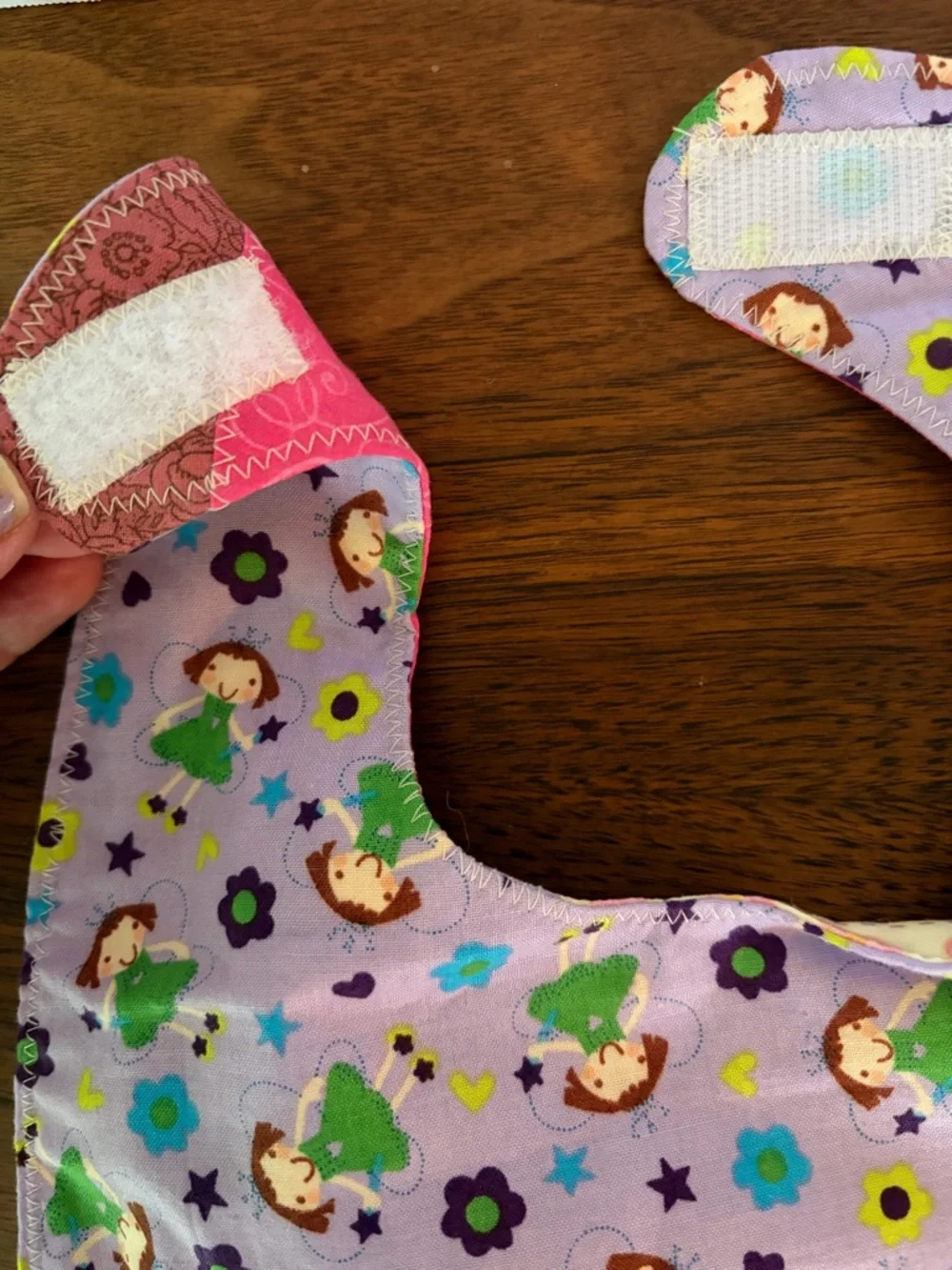NEW Pink Patchwork Reversible Baby Girl Bib. Cats, Teddy Bears, Fairies Handmade
